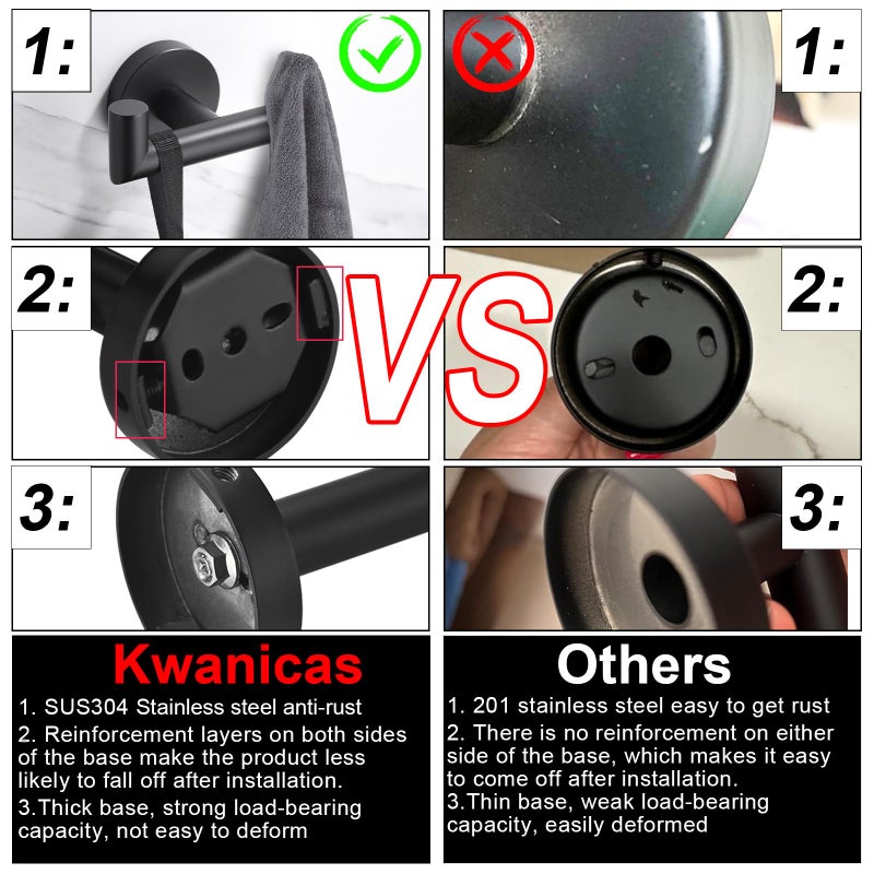 Kwanicas Towel Hooks for Bathrooms Matte Black Towel Hook for Kitchen Bathroom SUS304 Stainless Steel Coat Hook Heavy Duty Double Towels Holder Hooks for Hanging Towels Coats sponges Clothes Wall Mount 2 Pack - Image 5